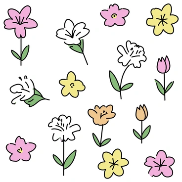 A repeating pattern featuring various types of lilies, each displaying different colors such as pink, white, yellow, and orange. The lilies vary in shape and size, with some fully bloomed while others are in bud form. The flowers are arranged in a balanced composition, interspersed with green leaves that complement the colors of the blooms. Each lily is outlined clearly to enhance visibility, with a simple yet elegant layout that makes it suitable for fabric design.