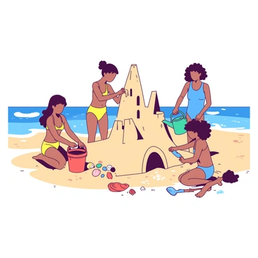A group of four friends, two wearing bright yellow swimsuits and two in blue, are gathered on a sandy beach under a clear sky. They are focused on constructing an elaborate sandcastle, with intricate towers and walls. One friend is shaping the sand with a red plastic bucket, while another is using a blue shovel to form the base. The third friend is adding decorative seashells and colorful pebbles around the castle's entrance. The fourth friend is pouring water from a teal watering can to help firm the sand. In the background, there is a vibrant blue ocean with gentle waves lapping at the shore.