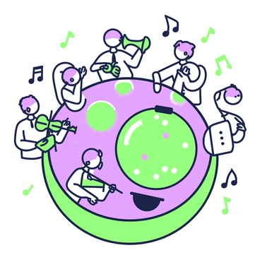 An orchestra of lysosomes is positioned in various parts of a cell, each lysosome uniquely shaped and textured. Some lysosomes are playing instruments such as a violin, a trumpet, and a cello. Others are holding sheet music, while a few are conducting the performance with enthusiasm. The background consists of the cell's interior, with visible organelles such as mitochondria and the endoplasmic reticulum, creating a lively atmosphere. The lighting highlights the lysosomes, drawing attention to their roles in this vibrant cellular concert.