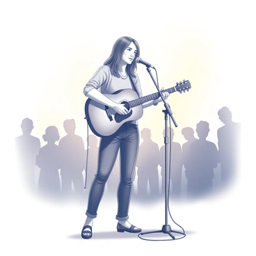 A singer-songwriter stands center stage, holding an acoustic guitar against their body. The musician is poised, with one foot slightly forward, as they lean into the microphone. A warm, cozy spotlight illuminates them, casting soft shadows that highlight their features. In the background, there is a hint of an audience, with silhouetted figures listening intently. The environment conveys an intimate atmosphere, enhancing the connection between the performer and the audience.