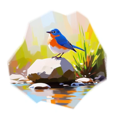 An eastern bluebird resting on a moss-covered stone near a stream