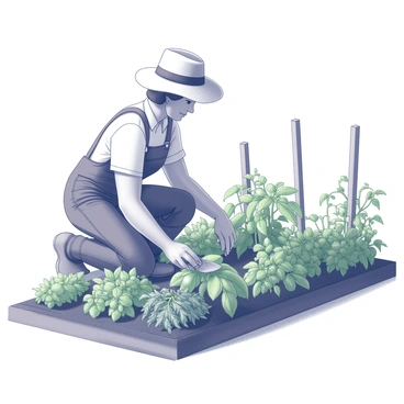 A farmer is kneeling in a vegetable garden. The farmer is wearing a straw hat and denim overalls, holding a small hand trowel in one hand. Surrounding the farmer are neatly arranged rows of green plants, including tomato vines, leafy greens, and pepper plants. The soil is dark and rich, showing signs of recent cultivation. In the background, there are wooden stakes supporting some of the plants. The sky above is clear, and the scene is well-lit, emphasizing the vibrancy of the garden.
