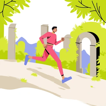 A runner wearing a bright red athletic outfit is moving swiftly past ancient stone ruins covered in green ivy. The ruins consist of crumbling columns and arches, showing signs of age and history. Sunlight filters through the trees, casting dappled shadows on the ground. In the background, there are distant mountains and a clear blue sky, creating a vibrant setting that emphasizes the blend of history and fitness. The runner has an energetic expression on their face, embodying the spirit of determination and vitality.