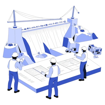 A group of engineers is overseeing the construction of a massive water dam. They are standing on a raised platform, examining blueprints spread out on a large table in front of them. Each engineer is wearing a hard hat and safety vests, with some holding clipboards and others pointing at various sections of the plans. In the background, heavy machinery, such as cranes and bulldozers, is actively working on the dam structure, with concrete being poured and earth being moved. The dam itself is taking shape, with large concrete slabs stacked and several workers visible in safety gear operating nearby. The scene reflects a busy construction site filled with activity and organization.