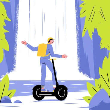 A rider on a Segway with a bright yellow helmet is gliding along a rocky path. The Segway is black and sleek, contrasting against the vibrant green foliage surrounding the path. In the background, a massive waterfall cascades down from a steep cliff, creating a dazzling spray of water. The mist from the waterfall catches the sunlight, creating a shimmering effect in the air. The rider has a look of joy and excitement, with arms outstretched to embrace the refreshing spray. The scene is filled with rich natural colors, from the deep blues of the water to the lush greens of the plants.