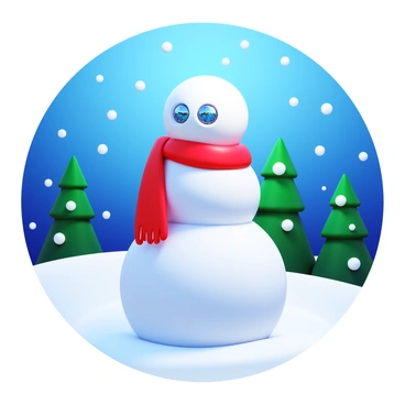A snowman with a classic three-ball structure, featuring "disco ball eyes" that shimmer with reflective facets. It has a "shiny scarf" draped around its neck, adding a vibrant splash of color. The snowman is situated in a "winter wonderland" filled with gently falling snowflakes and a backdrop of evergreen trees dusted with snow. The ground is covered in a thick layer of "fresh white snow," enhancing the festive atmosphere.