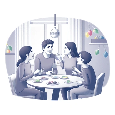 A group of four family members gathered in a warmly lit room decorated for a holiday celebration. The individuals are smiling and engaged in conversation. One person is holding a plate of food, while another is reaching for a decorative ornament hanging from the ceiling. In the background, there are colorful holiday decorations adorning the walls and a table set with festive treats. The atmosphere conveys a sense of joy and togetherness.