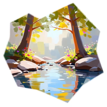 A serene forest scene featuring clear pools of water that mirror the sky above. The surface of the water is smooth, with scattered ripples created by gentle breezes. Towering trees surround the pools, their trunks thick and sturdy, reaching high into the sky. Sunlight filters through the leaves, casting dappled shadows on the ground. The foliage displays various shades of green, and some trees have vibrant, colorful flowers blooming among the branches. Small pebbles line the edges of the pools, creating a natural border.