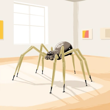 An intricate spider sculpture with delicate, transparent glass legs and a shiny metal body is displayed prominently in a bright gallery space. The sculpture has a rich texture with finely detailed features, including small engravings on its metallic surface. The gallery has white walls and polished wooden floors, creating a clean backdrop that highlights the complexities of the spider. Soft, warm light illuminates the sculpture, casting subtle shadows on the floor, enhancing its three-dimensional form. In the background, there are minimalistic art pieces on the walls, adding to the contemporary atmosphere of the gallery.