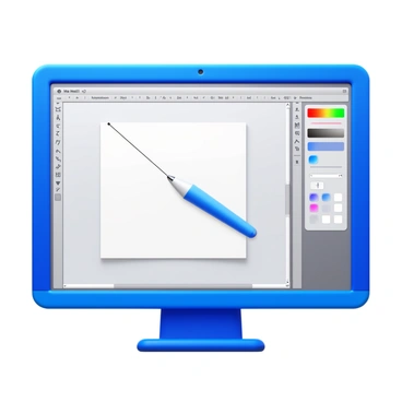 A close-up of a computer screen displaying the Adobe software interface. The pen tool is selected and actively creating a precise path, with anchor points visible along the line. The cursor hovers near a point on the screen, indicating action. The workspace features design elements like color swatches and tool panels in the background, creating a focused image on the tool in use.