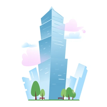 A towering glass skyscraper with visible levels and reflections of the city