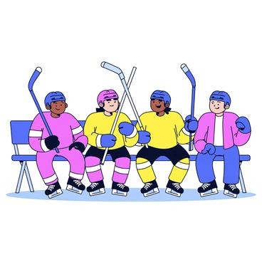 Players sitting on the hockey bench, ready to jump into the game, with equipment around them.