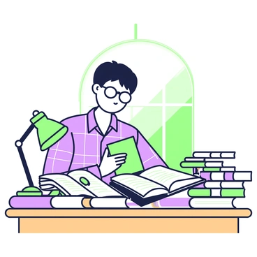 A law student is sitting at a wooden library desk, focused on studying. The student has glasses perched on their nose and is wearing a plaid shirt. Scattered around the desk are several thick medical-legal textbooks, their spines labeled with titles that hint at complex topics. Open notebooks filled with handwritten notes are spread out, along with a few highlighters in shades of green and purple. The warmth of the wooden desk contrasts with the textbooks, while a small desk lamp casts light over the materials. A window in the background allows soft natural light to filter in, illuminating the scene.