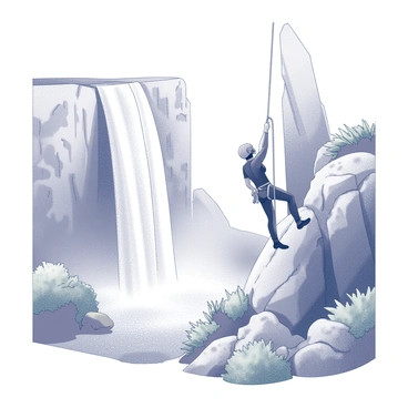 An adventurous person is rappelling down a tall cliff next to a waterfall. The climber is harnessed securely, with a rope anchored above. Water cascades down the cliff in a powerful flow, creating mist and wet rocks along the surface. The water splashes at the base, where it pools before continuing its journey. The climber's body leans back while gripping the rope with one hand and navigating the rocky terrain with the other. Surrounding the scene are lush green plants and jagged rock formations, highlighting the natural environment.
