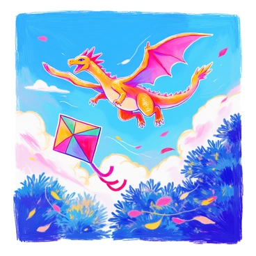 Charizard flying alongside a colorful kite on a windy day.