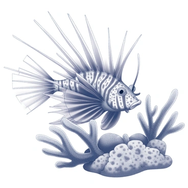 A close-up view of a lionfish, featuring its long, spiky fins prominently displayed. The fish’s body showcases intricate patterns and textures across its surface. The background includes various shapes of coral, providing a detailed and textured environment. The coral formations are complex, adding depth to the scene around the lionfish.
