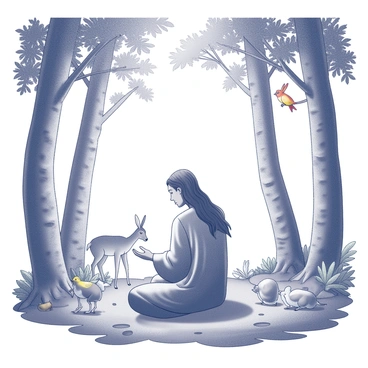 A person sitting cross-legged on the forest floor, with eyes closed in meditation. The figure is dressed in flowing robes, and their long hair is gently cascading over their shoulders. Surrounding the prophet, there are various animals including a deer grazing nearby, a rabbit peeking from behind a bush, and colorful birds perched on branches overhead. Tall trees with textured bark and lush foliage create a natural canopy above, and underfoot, a mix of leaves and soft moss covers the ground. The light filtering through the leaves casts intricate shadows around the figure.