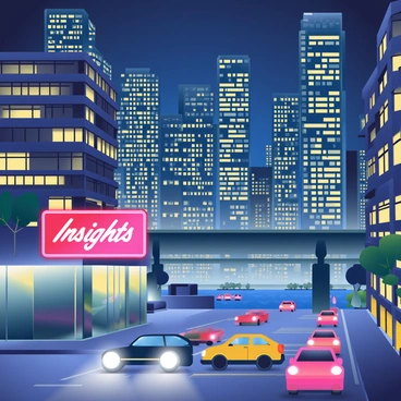 A view of a bustling city at night, showcasing tall skyscrapers with bright windows. The buildings are illuminated by countless lights, creating a vibrant tapestry against the dark sky. Below, streets are filled with moving cars, their headlights leaving streaks of light. A glowing neon sign reading "Insights" stands out on one building, reflecting the energy of the urban environment. In the distance, a bridge is visible, adorned with lights that shimmer on the water below. The atmosphere is alive with the dynamic movement of the city.