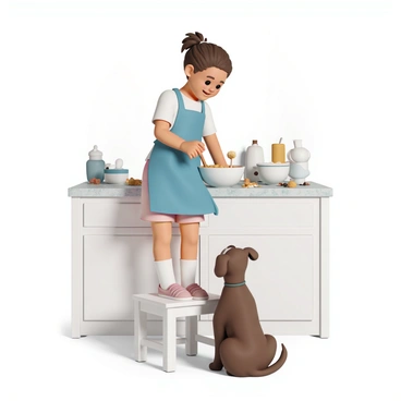 A young girl, wearing a blue apron over a white shirt and pink shorts, is standing on a stool in a bright kitchen. She is mixing cookie dough in a large mixing bowl with a wooden spoon. The kitchen has white cabinets and a marble countertop, with various baking ingredients scattered around, including flour, sugar, and chocolate chips. A medium-sized brown dog, sitting on the floor beside her, is looking up eagerly with its tail wagging, hoping for a treat. The girl has her hair tied back in a ponytail and is smiling as she focuses on her baking.
