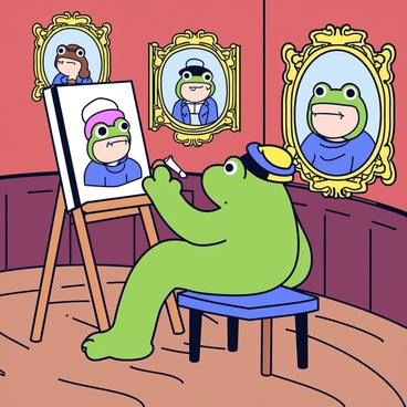 A frog holding a small paintbrush in its webbed foot, carefully adding details to a canvas on an easel. The frog is wearing a tiny beret and has an expression of concentration. The surrounding walls of the Victorian art gallery are adorned with ornate frames containing portraits of famous frogs, each with distinct expressions and attire. The gallery features rich, dark wood paneling and a polished wooden floor, adding an elegant touch to the scene. Soft, warm light illuminates the frog and the paintings, creating a cozy atmosphere.