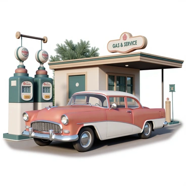 A retro car refueling at an old-style gas station with vintage pumps