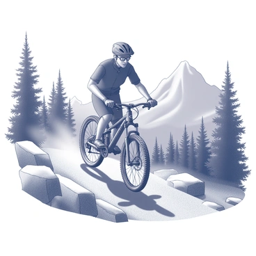 A mountain biker is positioned actively on a challenging trail. The biker is wearing a helmet and protective gear, showcasing determination and concentration. The trail consists of rocky sections and steep inclines, with trees and bushes lining both sides. The biker's body is slightly leaned forward, hands firmly gripping the handlebars, demonstrating skill and control. Dust is kicked up from the tires as the bike maneuvers around obstacles, emphasizing the rugged terrain. In the background, the rugged silhouette of mountainous peaks rises under a clear sky, adding depth to the scene.