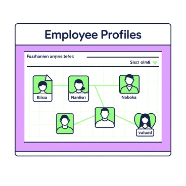 A digital bulletin board displays a series of employee profiles arranged in a grid format. Each profile is represented by a rectangle with a green outline, containing a headshot and the name of the employee. Lines in green connect these profiles, illustrating a network-like structure. At the top of the board, there is a title in bold font that reads "Employee Profiles." Below the title, a key explains the different roles within the organization. The background is a grid layout, contributing to the overall organized appearance.