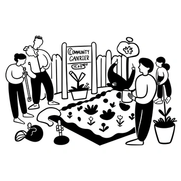 In a community garden, several people from different backgrounds are actively collaborating. One person is kneeling down, planting seedlings in neat rows, while another stands nearby holding a watering can, ready to hydrate the plants. There are various gardening tools scattered around, including a spade and a trowel. In the background, a wooden fence partially encloses the garden, and different vegetables and flowers are growing in organized beds. The scene is bustling with activity and a sense of teamwork. A sign that reads "Community Garden" is prominently displayed at the entrance.