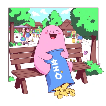 A pink Choji Akimichi is sitting on a wooden bench in a village park. He is holding a large blue bag of chips, with some chips spilling onto his lap. Surrounding him are green trees and colorful flowers, adding vibrancy to the setting. Choji has a joyful expression as he takes a big crunch from a chip. In the background, there are other villagers enjoying their day, walking, and chatting. The scene captures a lively atmosphere in the park.
