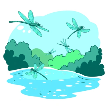 A group of vibrant teal dragonflies with iridescent wings is zooming above a sparkling white lake. The lake's surface reflects sunlight, creating a shimmering effect that dances across the water. The dragonflies are in various dynamic poses, some darting swiftly while others hover gracefully. Surrounding the lake, there are clusters of lush green vegetation that provide a rich backdrop to this lively scene. The sky above is clear and blue, enhancing the bright colors of the dragonflies and the sparkling lake below.
