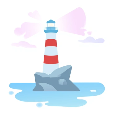 A tall lighthouse stands prominently on a rocky outcrop, casting a bright beam of light across the surface of a calm sea. The lighthouse is painted white with red stripes, topped with a lantern room that glows vividly. Soft waves gently lap against the rocks, with a subtle reflection of the light shimmering on the water. The sky above displays gradient pastel colors, transitioning from light pink to soft blue, creating a tranquil atmosphere. Wispy clouds float in the sky, complementing the serene scene.