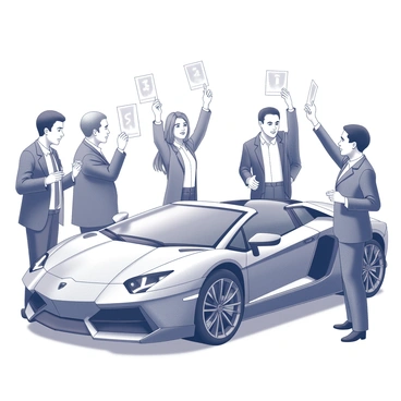 A group of people is engaged in an intense bidding session for a luxury car. Several individuals are raising numbered bid cards, each displaying a unique number. The participants have varied expressions, showcasing excitement and determination. The luxury car is prominently positioned at the front, gleaming under the lights, drawing attention from the bidders. The scene captures the energy and competitive atmosphere of the auction, with some participants turning to each other as they strategize while others focus intently on the auctioneer.