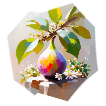 A ripe fig hanging from a branch, with its smooth, purplish skin glistening in the dappled sunlight. The fig is nestled among large, green leaves, which have a textured surface and are varying shades of green. Surrounding the fig are dense clusters of foliage, including smaller plants and wildflowers, creating a rich tapestry of greenery. The background features a blend of natural elements, with hints of earth and shadows suggesting a thriving ecosystem.
