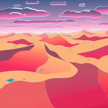 Golden sand dunes stretching across the landscape, their curves and ridges creating a rhythmic pattern. The dunes are bathed in warm hues of orange, red, and purple, reflecting the colors of a fiery sunset. The sky above is a canvas of vibrant clouds, illuminated by the fading sunlight. Small patches of vegetation dot the base of the dunes, adding contrast to the sandy expanse. Each dune casts long shadows, enhancing the depth and dimension of the scene.