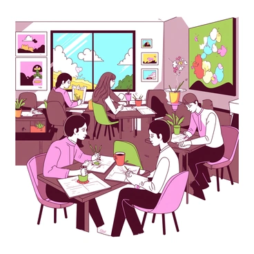 A vibrant cafe filled with activity and creativity. Various tables are occupied by artists engaged in different forms of art. Some artists are sketching on white notepads with pencils, while others are painting on canvas with brushes dipped in vibrant colors. The cafe is adorned with artwork displayed on the walls, showcasing a variety of styles. The atmosphere is lively, with the aroma of coffee wafting through the air. Sunlight streams through large windows, illuminating the spaces where each artist works diligently.
