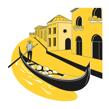 A gondola gliding smoothly along a narrow canal in Venice, with water gently lapping against its sides. The gondolier, dressed in a black-and-white striped shirt and a straw hat, stands at the back of the gondola, expertly maneuvering the oar. The gondola is adorned with decorative trim and plush seating for passengers. Surrounding the canal are charming buildings with ornate balconies and flower boxes. The sky above is clear, enhancing the bright atmosphere of this picturesque scene.