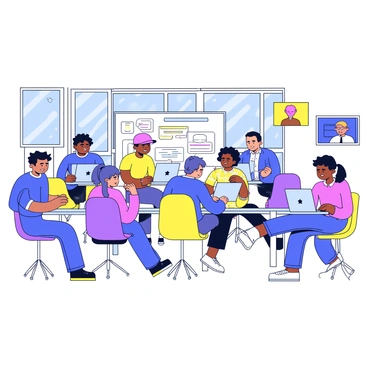 A group of students sitting at desks in a vibrant tech hub. Each student is focused on their computer screens, typing code and discussing ideas. The room features large windows that let in bright natural light, creating a lively atmosphere. Colorful posters related to programming and technology decorate the walls. Several students are using laptops, while others are working on desktop computers. A whiteboard filled with diagrams and notes stands at the front of the room.