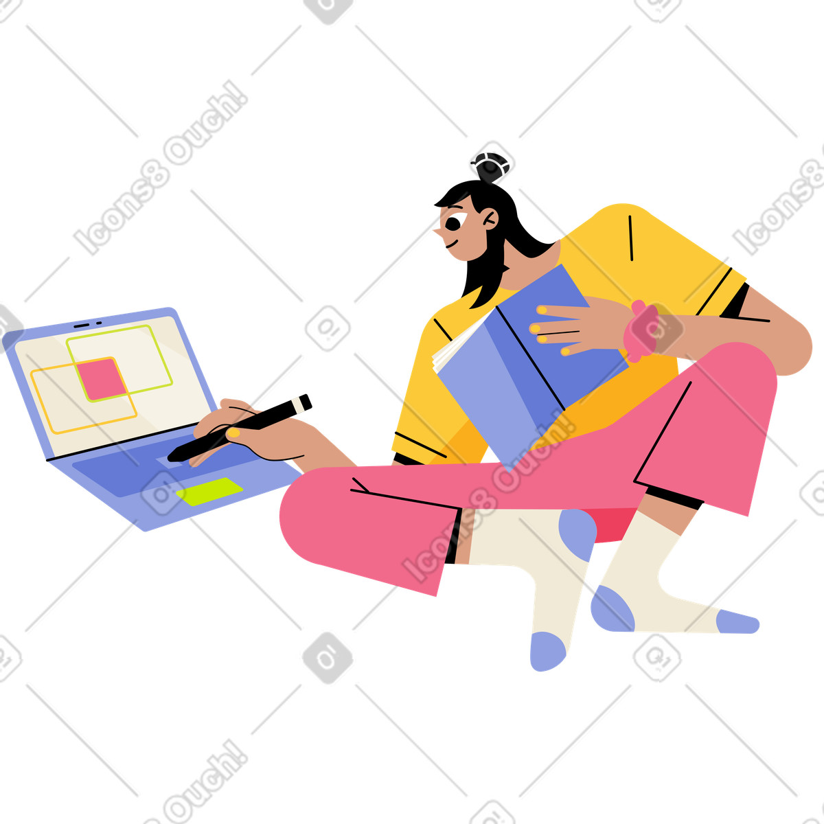 Illustration Fille assise avec un crayon et livre dans le style Juicy à télécharger aux formats PNG, SVG