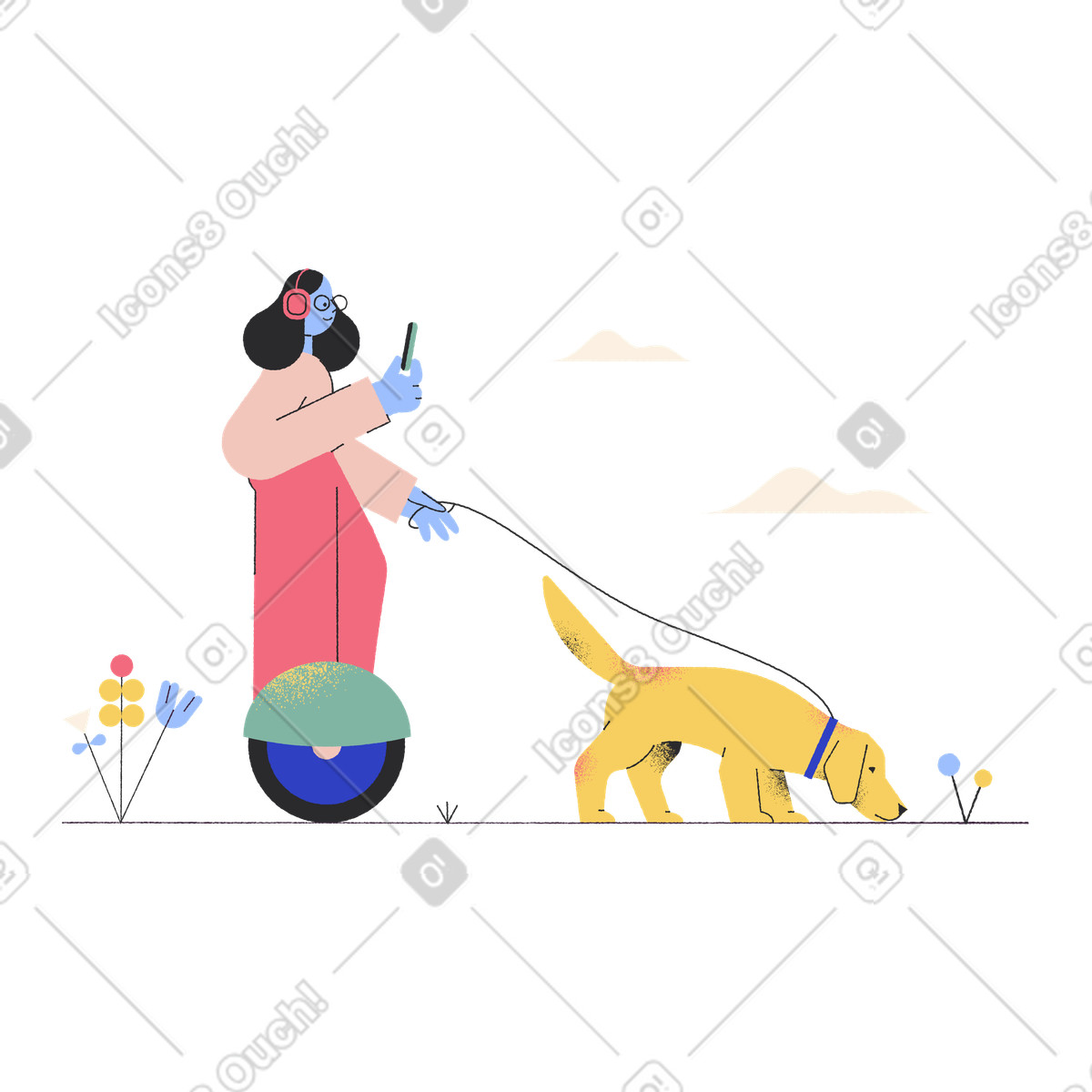 下载 Pablo 风格的 使用悬浮滑板遛狗的女孩 插画，支持 PNG、SVG 格式