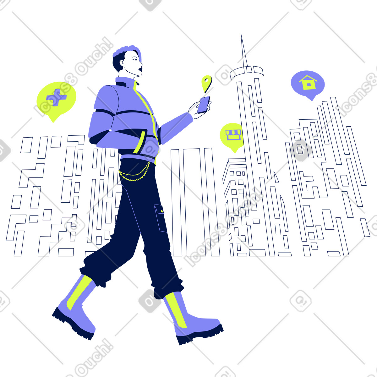 Glow 스타일의 Using phone for navigation in city, Urban geolocation and wayfinding 일러스트레이션 PNG, SVG 다운로드
