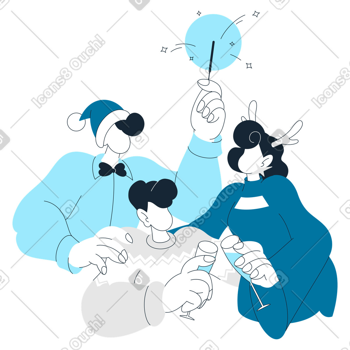 Friends wearing costumes and celebrating, Holiday season party festive event-Illustration im Indigo-Stil als Download in PNG, SVG