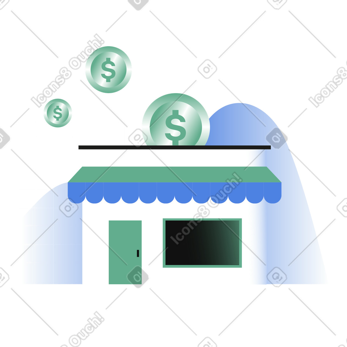 Illustration Small shop with floating dollar coins, Budget optimization for local business dans le style Network à télécharger aux formats PNG, SVG