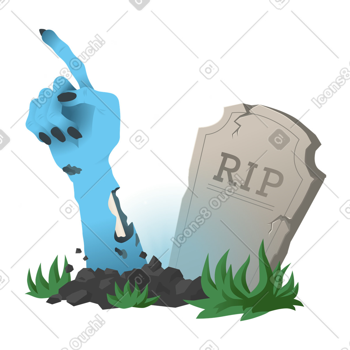 Mano zombie che sale dalla tomba e punta a sinistra illustrazione animata in stile Halloween Party scaricabile in GIF, Lottie (JSON), AE