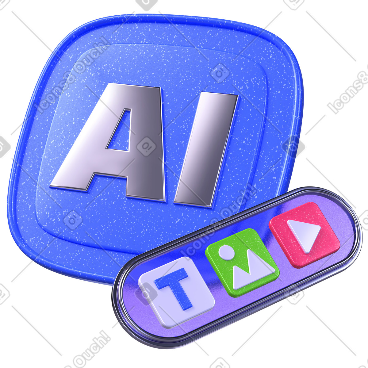 Artificial intelligence label and multimedia icons, digital content generation, media production technology illustration in 3D Boost style download in PNG, SVG