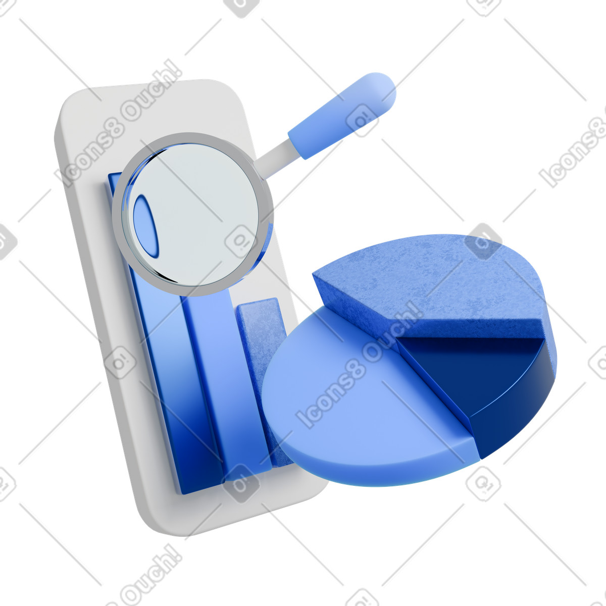 Financial charts with magnifying glass, Business data analytics, Market research animierte Illustration im 3D Blueprint-Stil als Download in GIF, Lottie (JSON), AE