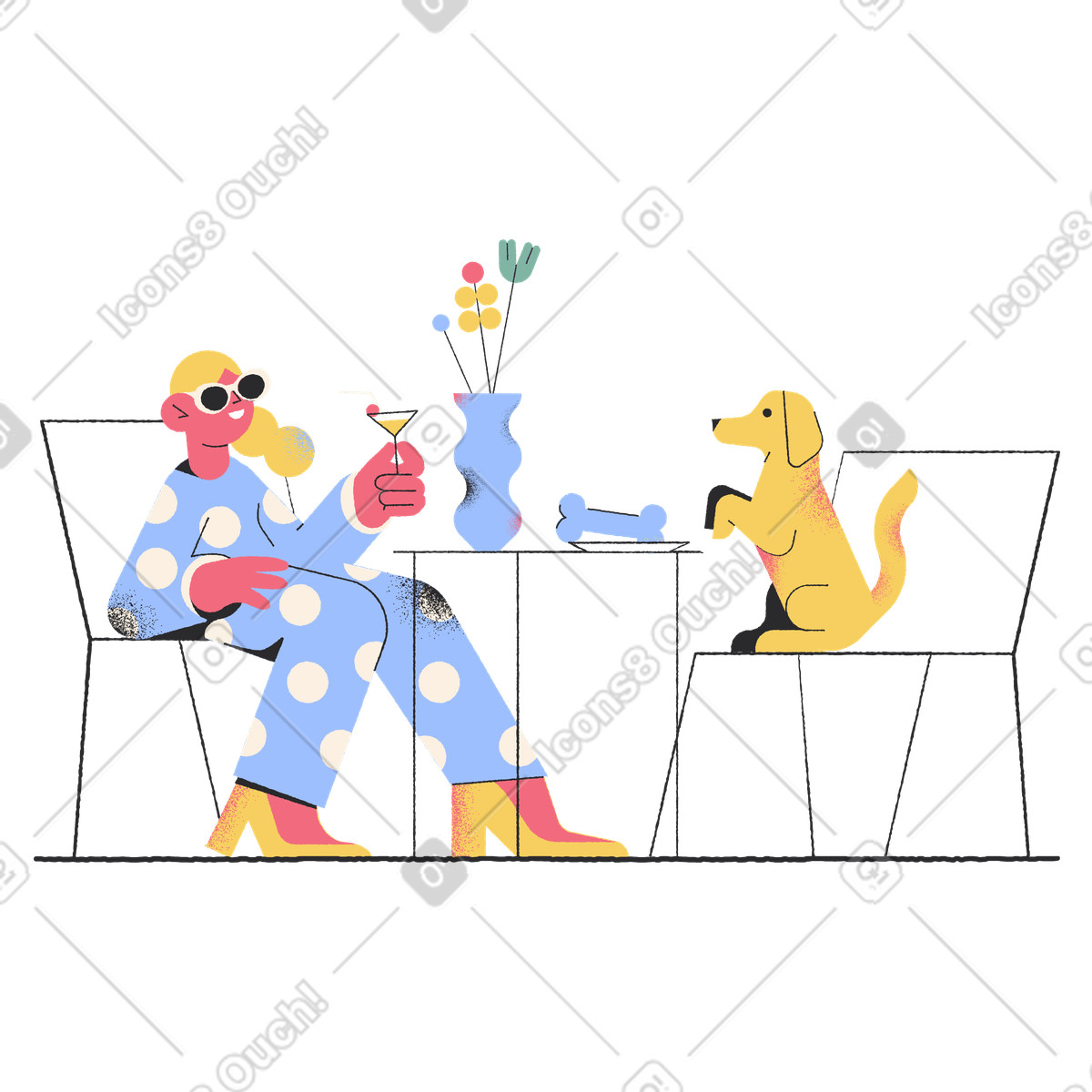 Woman in polka dot suit and dog sitting at table cafe illustration Pablo style download PNG, SVG