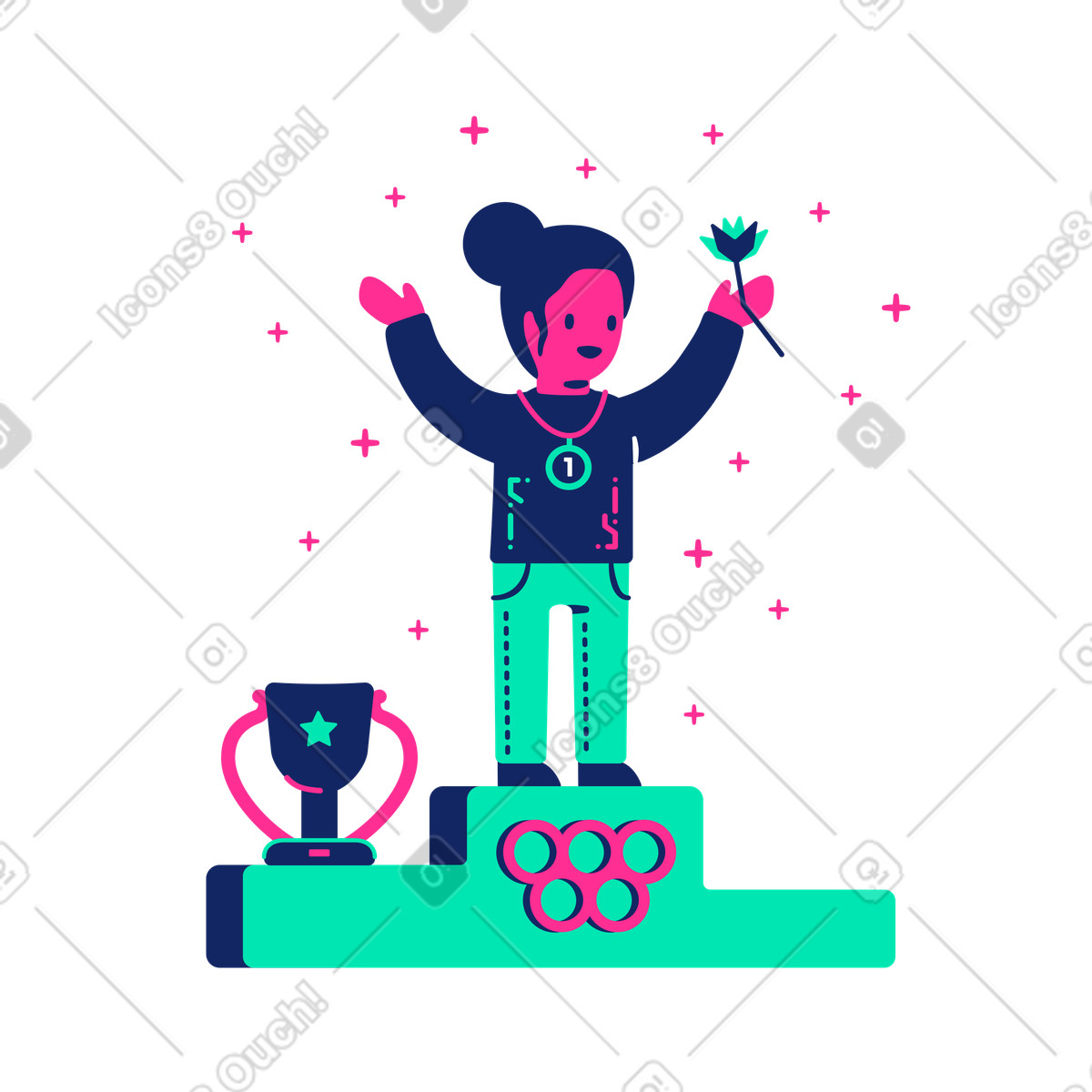 Athlet gewann die olympischen spiele, steht auf einem podest mit einer medaille, pokal und blume-Illustration im Cyborg-Stil als Download in PNG, SVG