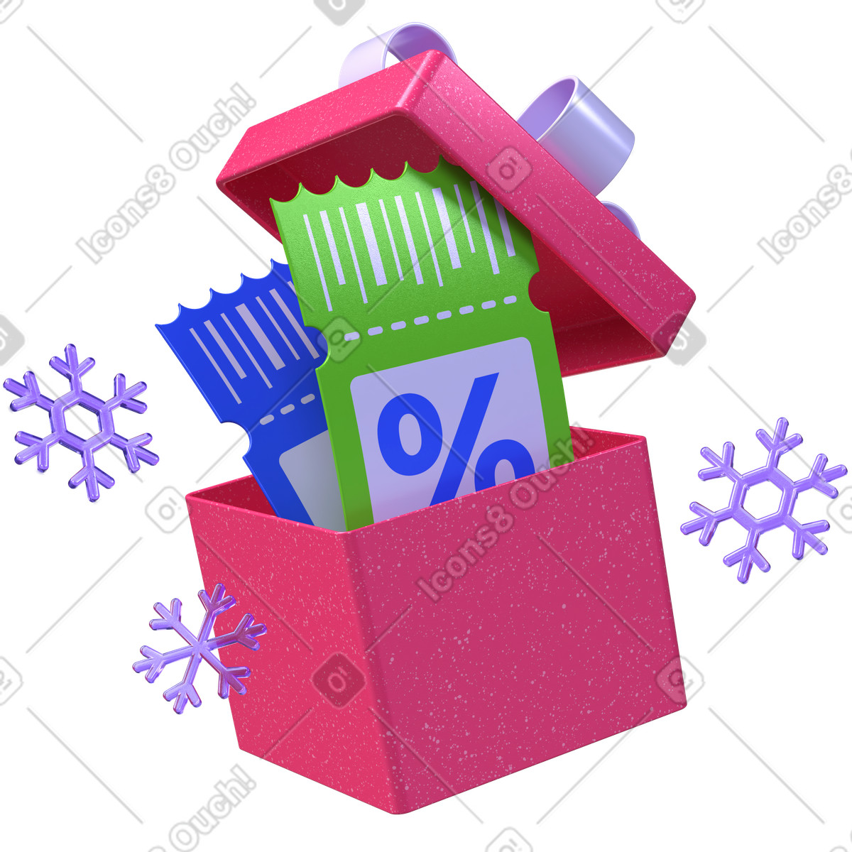 Confezione regalo con buoni sconto e fiocchi di neve, promozione shopping stagionale illustrazione in stile 3D Boost scarica in PNG, SVG