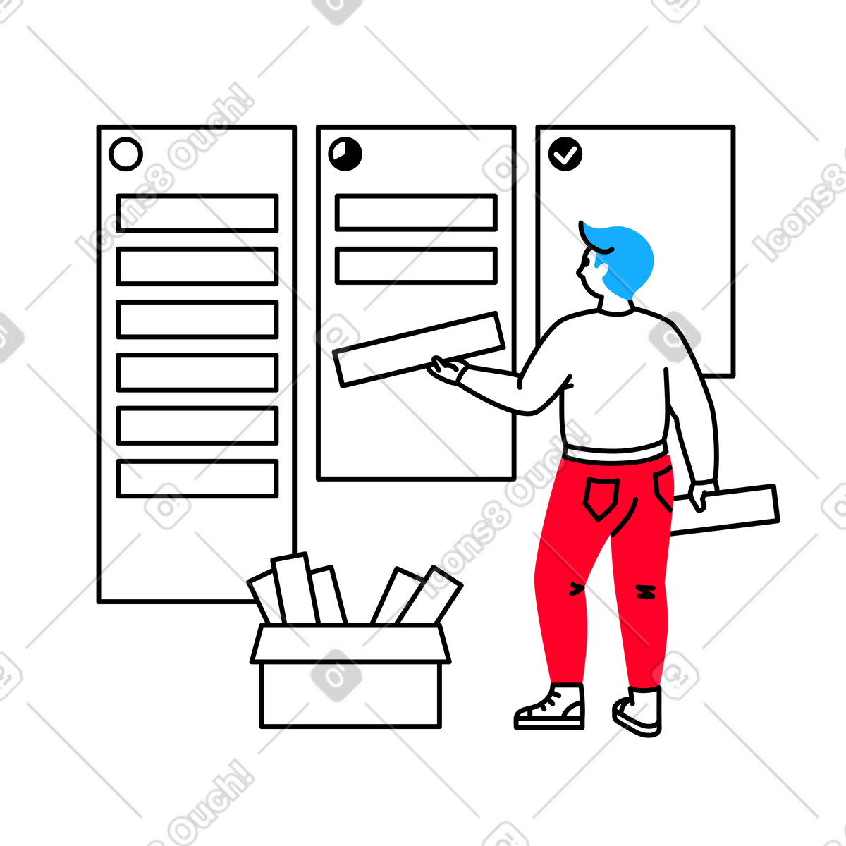 Illustration L'homme place des cartes sur un tableau kanban dans le style Transistor à télécharger aux formats PNG, SVG