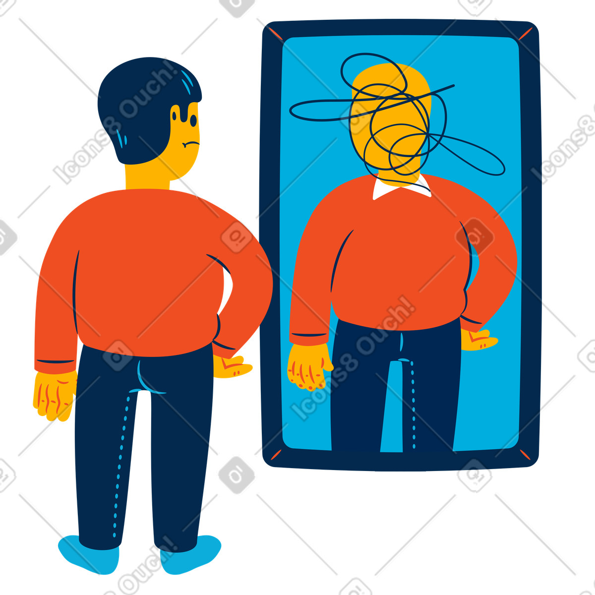 Uomo che ha problemi di immagine corporea o depersonalizzazione illustrazione in stile Flame scarica in PNG, SVG